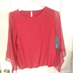 Passport Women's Red Scoop Neck Sheer 3/4 Kimono Sleeves Blouse Top Size M NWT`